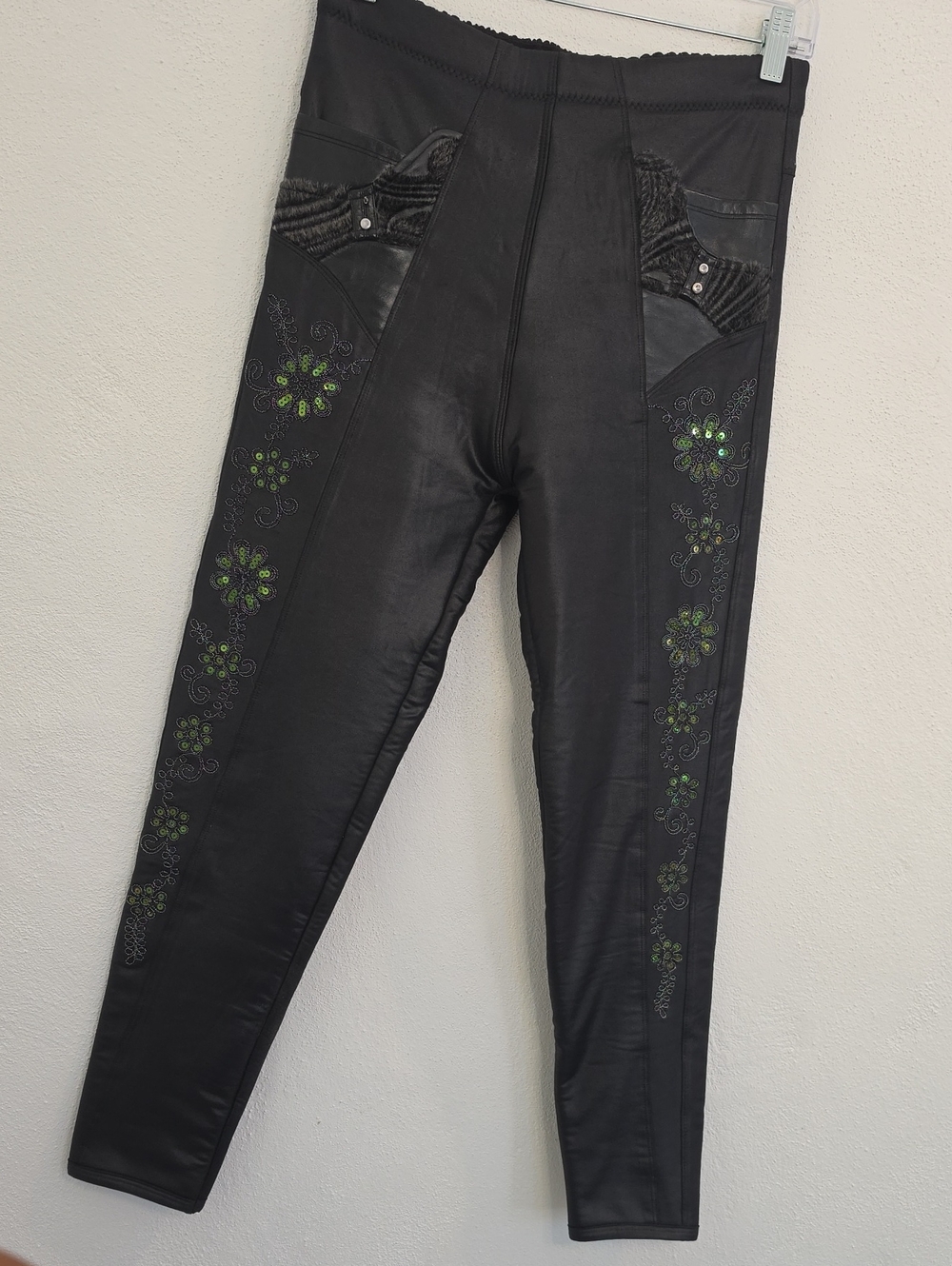 Black Thick Soft Stretchy Embroidered Pleather Faux Leather Legging XXXL 170/100